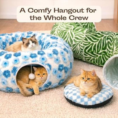 Meowfia Indoor Cat Tunnel with Donut Bed - Large Flexible Play Space for Multiple Pets - Circle or Snake Shape, Cozy Lounge (Blue Blossom) - Image 2