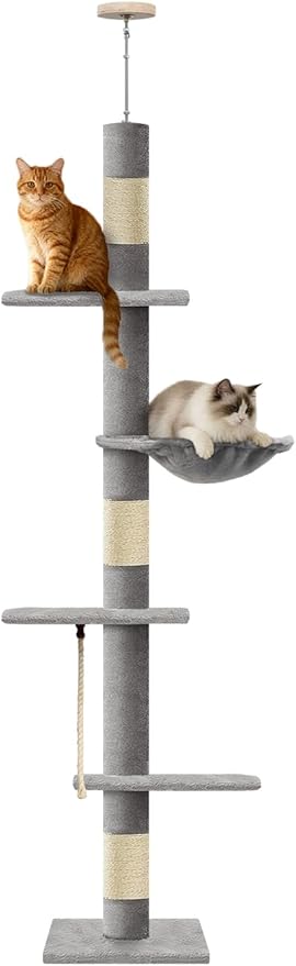Cat Tree 5-Tier Floor to Ceiling Cat Tree 89-109 Inch, Adjustable Height Cat Tower, Cozy Hammock and Sisal Scratch Post, Provides Vertical Enrichment for Jumping Climbing, Grey