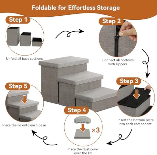 Zerbuger Dog Stairs with Storage, Grey Stripes Lids 3 Steps Ramp no Condo - Image 7