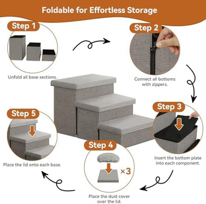 Zerbuger Dog Stairs with Storage, Grey Stripes Lids 3 Steps Ramp no Condo - Image 7