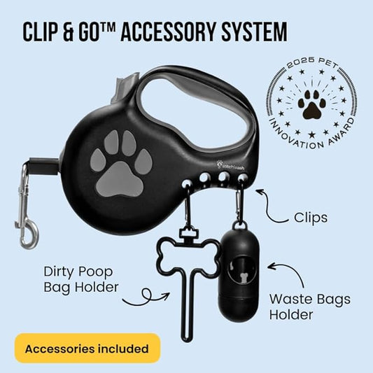 Award-Winning Retractable Dog Leash for Large and Extra Large Dogs (Max 110 lbs) Clip & Go System, Reflective Tape and Ergonomic Handle Includes Clips Poop Bag Holder and Dispenser Black
