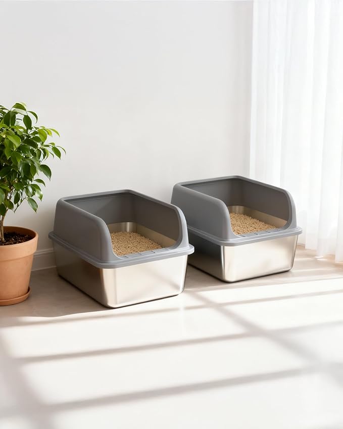 2-Pack Stainless Steel Cat Litter Box for Kitty with Scoops, Non-Stick & Easy-to-Clean Metal Cat Litter Box with Leakproof Enclosure, Grey