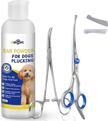Dog Ear Hair Removal Kit – Ear Powder, Safety Round Tip Scissors & Locking Tweezers – At-Home Grooming Set for Hair Plucking, Wax Removal & Odor Control – Ideal for Poodles & Doodles