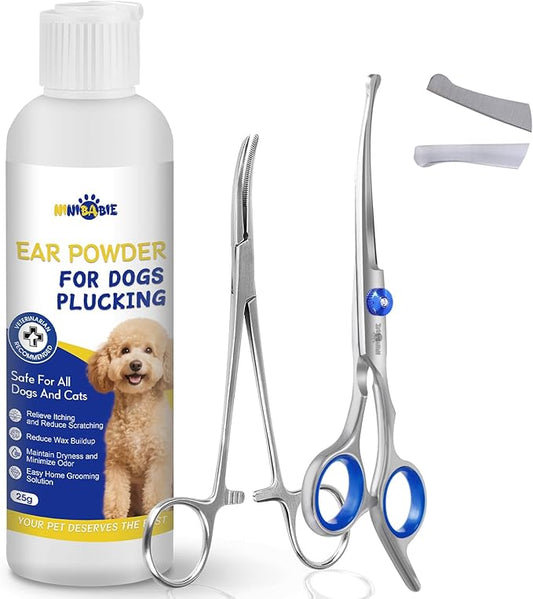 Dog Ear Hair Removal Kit – Ear Powder, Safety Round Tip Scissors & Locking Tweezers – At-Home Grooming Set for Hair Plucking, Wax Removal & Odor Control – Ideal for Poodles & Doodles