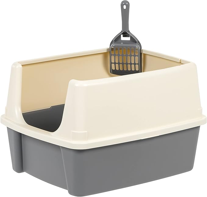 Amazon Basics Large Cat Litter Box with High Sides, Open Top for Easy Access, Includes Scoop with Storage, 19" x 15" x 11.75", Grey/Beige