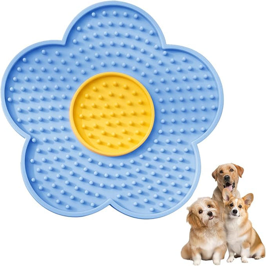 Aislor Slow Feeder Lick Mat for Dogs Cats Flower Shape Silicone Licking Pad Mental Stimulation Toy to Slow Down Eating Blue One Size