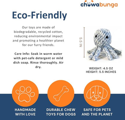 Ollie the Octopus Dog Toy Tough 4 Inch Handmade Eco Cotton Rope Dog Toy Octopus with Natural, Non-Toxic Dyes - Dog Octopus Toy for Small Dogs (Blue, Large)