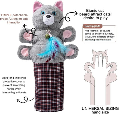 Cat Wrestling Glove Hand Puppet, Interactive Play Toy with Feather, Gray with Pink Ears, Multicolor Plaid Sleeve