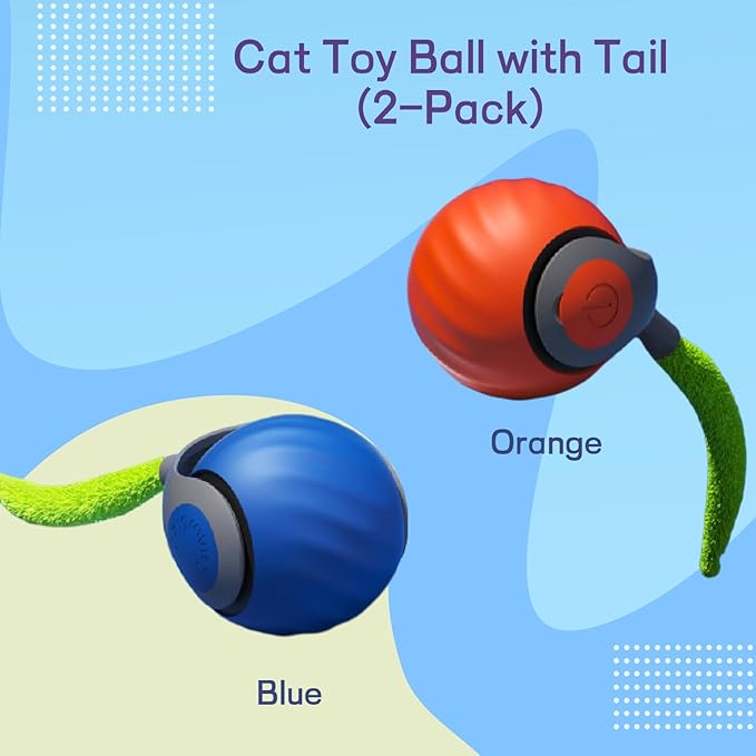 2026 Upgraded Self-Moving Cat Toy Ball with Tail (2-Pack) - Rechargeable Smart Interactive Kitten Toys, 2-Speed Modes, Bite-Resistant Indoor Exercise Toys for Bored Cats (Blue&Orange)