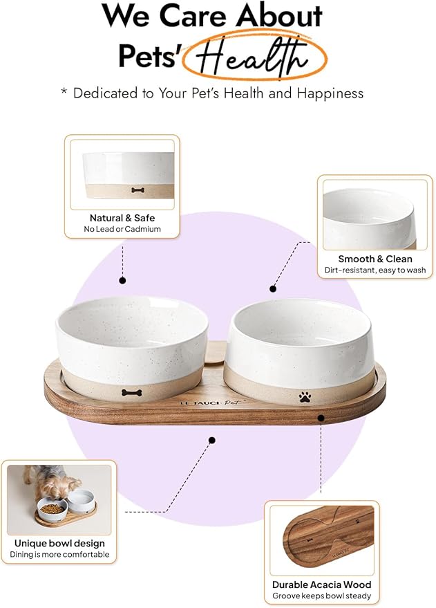 LE TAUCI PET Dog and Cat Bowl Set with Acacia Wood Tray - 2 Cup Ceramic Puppy Bowls for Cats &Small Dogs, Dual Food and Water Bowls with Weighted Non-Slip Base