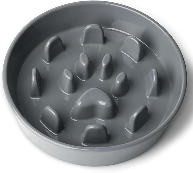 Ceramic 1.5 Cup Slow Feeder Dog Bowl, Slow Feeding Dish for Small & Medium Breeds to Slow Down Eating, Anti-Gulping, Preventing Choking (Grey)