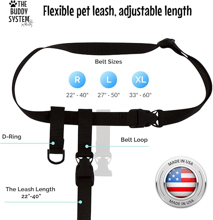 The Buddy System Adjustable Hands Free Dog Leash, Hand-Free Leash for Running, Jogging, Walking, Hiking and Training Service Dogs, Versatile All Dog Sizes - Made in USA - Large, Black