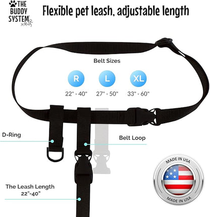 The Buddy System Adjustable Hands Free Dog Leash, Hand-Free Leash for Running, Jogging, Walking, Hiking and Training Service Dogs, Versatile All Dog Sizes - Made in USA - Large, Black