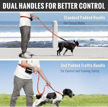 Plutus Pet Hands Free Dual Handle Retractable Bungee Leash with Reflective Stitches, Adjustable Waist Leash for Dog Walking Running Jogging, Medium Large Dogs