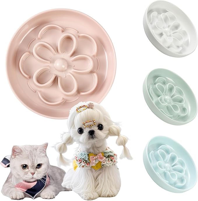 Melamine Cat Slow Feeder Bowl - Floral Maze Cat Food Dish - Flat Plate for Dry & Wet Food - Cute Kitten Bowl - Dishwasher Safe - 6.3'' W x 1'' H - 5.5 oz (160g) - Pink