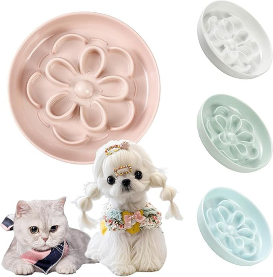 Melamine Cat Slow Feeder Bowl - Floral Maze Cat Food Dish - Flat Plate for Dry & Wet Food - Cute Kitten Bowl - Dishwasher Safe - 6.3'' W x 1'' H - 5.5 oz (160g) - Pink
