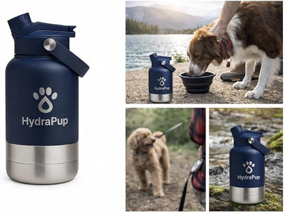 32oz Insulated Water Bottle with Dog Bowls – Human & Pet Shared Use, Stainless Steel Leakproof Travel Bottle (Navy Blue)