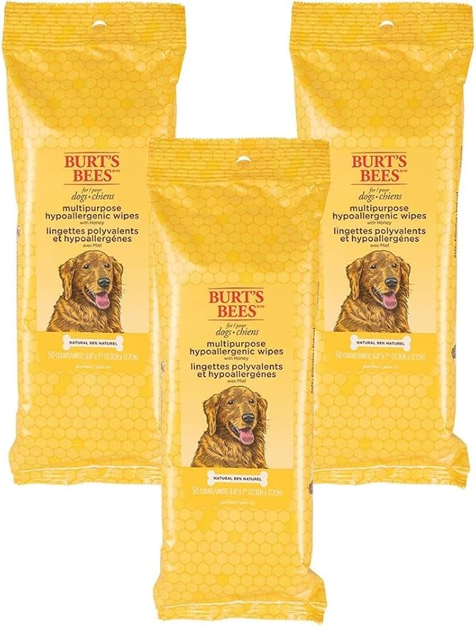 Burt's Bees for Pets Honey Multipurpose Dog Grooming Wipes, Gentle Hypoallergenic Spot Cleaning Sheets, pH Balanced Natural Origin Formula for Paws, Face and Butt, 50 Count - 3 Pack
