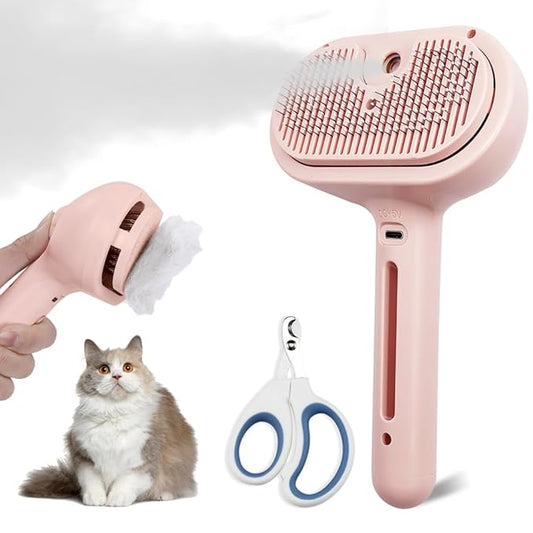NATUYA Cat Steam Brush, Self-Cleaning Pet Brush for Dog and Cats Shedding Massaging Grooming, Cool Mist Only, Come With Cat Nail Clipper (Pink)