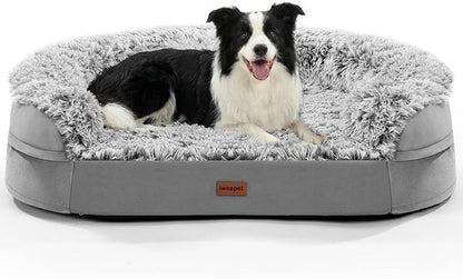 Fluffy 3.7 inch Thickened Orthopedic Dog Beds for Large Dogs, Supportive Dog Sofa Bed with 28D Egg-Crate Foam, Removable Washable Plush Cover, Waterproof Lining, Cozy Oval Design, Grey