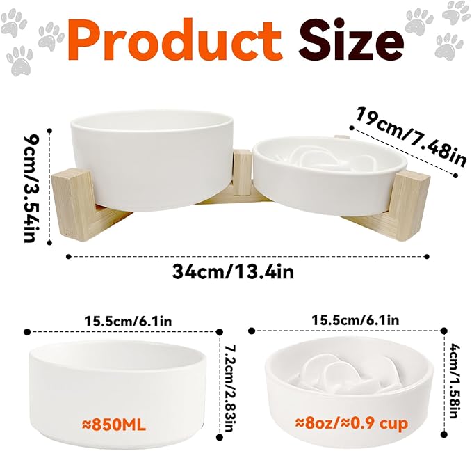 Ceramic Slow Feeder Dog Bowl Set-1 Cup Puzzle Dog Food Bowl & 850ML Water bowl with wooden stand for small dogs, Anti-Gulping,Anti-chewing,Anti-Slip,White