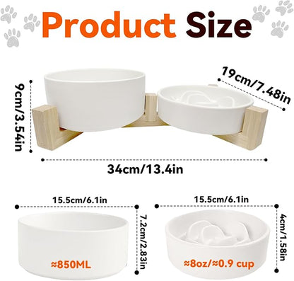 Ceramic Slow Feeder Dog Bowl Set-1 Cup Puzzle Dog Food Bowl & 850ML Water bowl with wooden stand for small dogs, Anti-Gulping,Anti-chewing,Anti-Slip,White