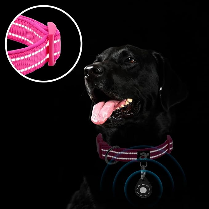 azuza Reflective Dog Collar with Airtag Holder, Soft Neoprene Padded Pet Collar with ID Tag Ring, Adjustable for Small Dogs,Hot Pink,S