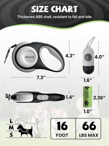 Retractable Dog Leash with LED Flashlight, Douexio Upgrade 3 in 1 Dog Leash Retractable for Small Medium Dogs Up to 66 lbs, 16ft, Anti-Slip Handle,One-Handed Brake (White)