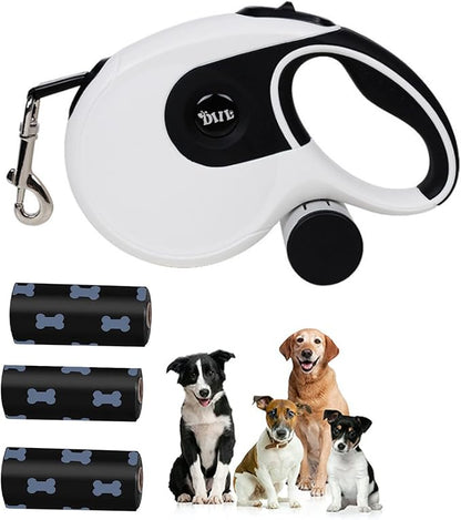 26 ft Retractable Dog Leash with Dispenser and 3 Pieces Poop Bags, Retractable Dog Leash for Small Medium Large Dogs up to 110lbs, Heavy Duty Design with Anti-Slip Handle (White)