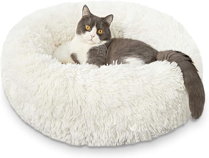 White Faux Fur Cat & Dog Beds 20 inches - Washable Dog Beds for Small Medium Dogs, Anti-Anxiety, Round Plush, Fluffy Thick Bottom