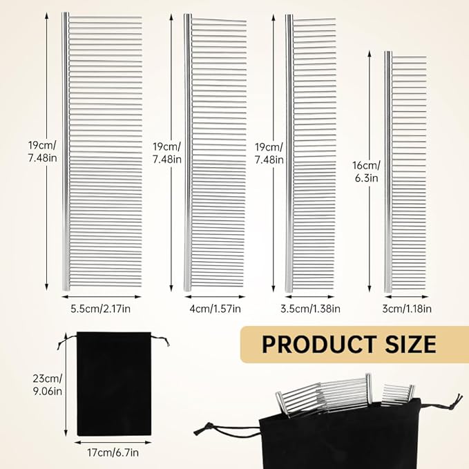 4Pcs Stainless Steel Dog Combs for Grooming Matting, Metal Dog Grooming Combs with Rounded Teeth, Pet Tear Stain Remover Finishing Comb Removing Tangles Knots