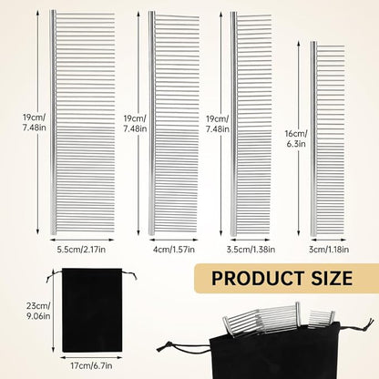 4Pcs Stainless Steel Dog Combs for Grooming Matting, Metal Dog Grooming Combs with Rounded Teeth, Pet Tear Stain Remover Finishing Comb Removing Tangles Knots