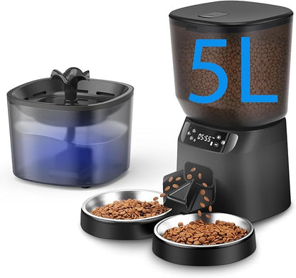 Automatic Cat Feeder and Water Dispenser Set, 5L/20 Cups Timed Cat Dry Food Dispenser, 2L Cats Water Fountain for Drinking with Filter, 10s Meal Call, 20 Portions 6 Meals Per Day