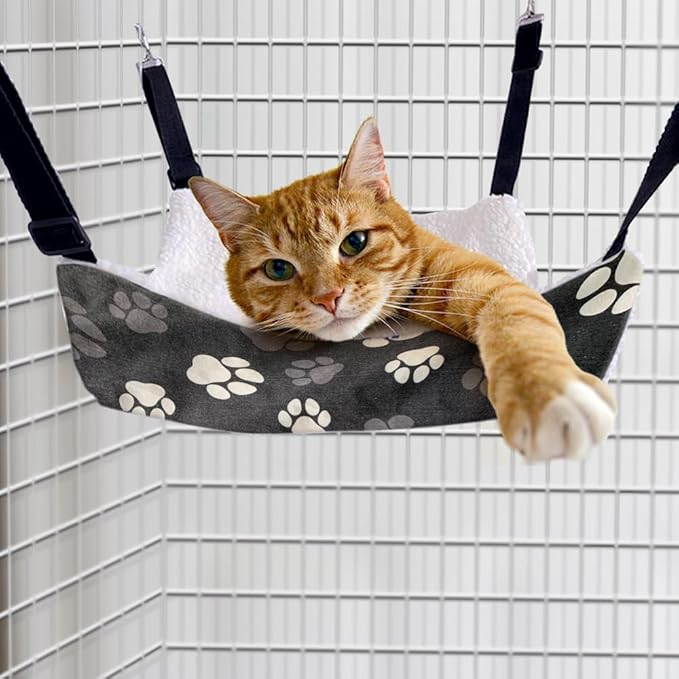 WIRESTER Reversible Cat Hanging Hammock 22.8 x 18.9 Inch, Pet Cage Hammock Bed with Adjustable Straps, Soft Sleeping Hammock for Cat, Ferret, Puppy Dog, Rabbit, Small Animals - Dog Paws