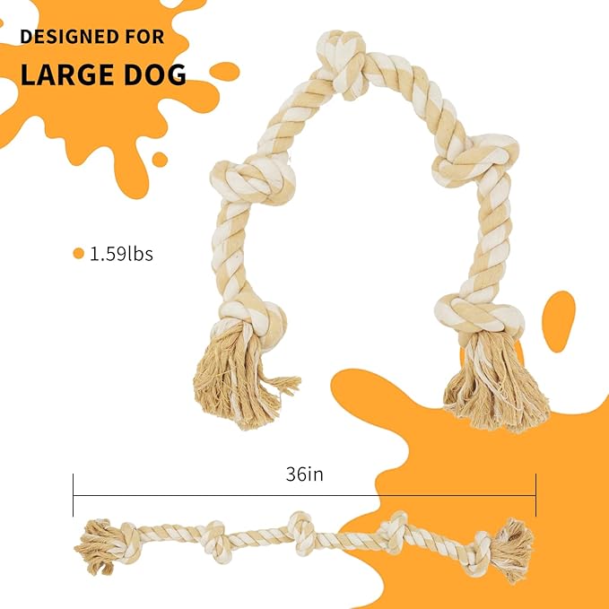 Bmag Dog Rope Toys for Aggressive Chewers, Interactive Heavy Duty Dog Toys for Medium Large Dogs, Tough Twisted Rope Toy with 5 Knots(Beige)