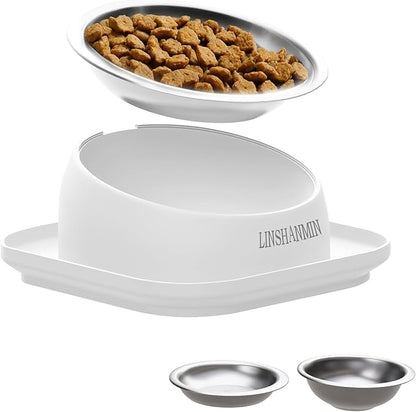 Cat Bowls Elevated Tilted Whisker Friendly, Cat Food Bowls for Indoor Cats, Shallow Food Dishes Stainless Steel, Slanted Flat Plastic Feeder Elevated Angled Design.(White)