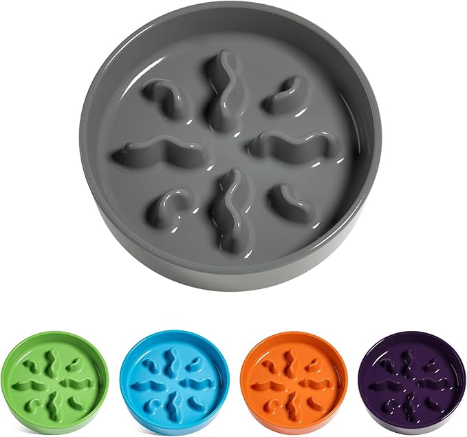 Ceramic Slow Feeder Dog Bowls Small Breed, 0.5 Cups Dog Food Dish for Fast Eaters, Puzzle Bowl for Small Dogs and Cats, 5.5 Inch-Grey