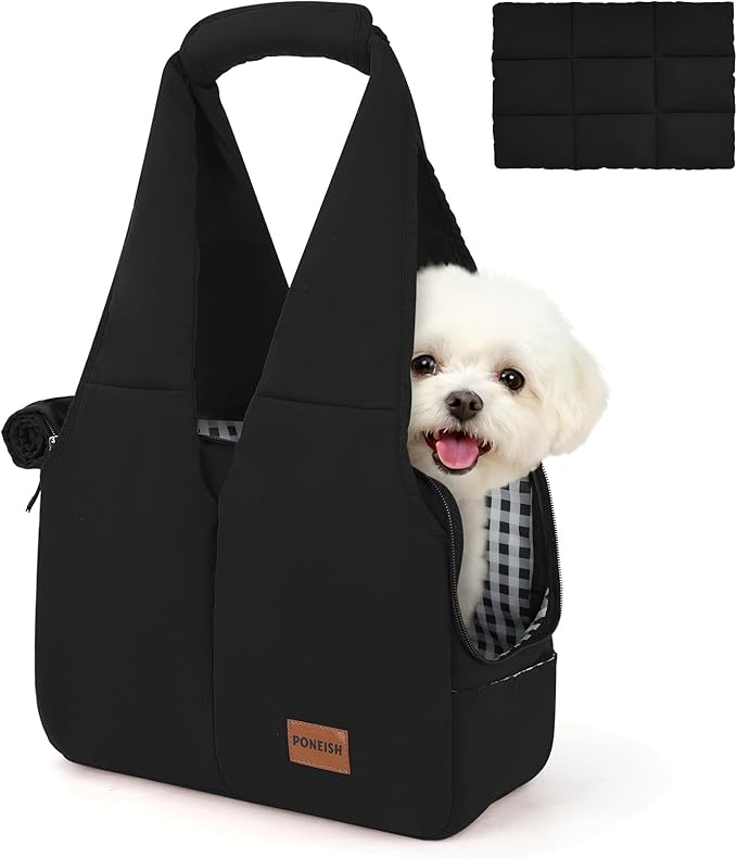 Dog Purse Carrier for Small Dogs and Cats, Soft-Sided Pet Tote Bag with 6 Large Pockets, Collapsible Travel Puppy Carrier with Small Cushion, Fits Pets up to 6 lbs (Black, 13.6" L x 6.6" W x 10" H)