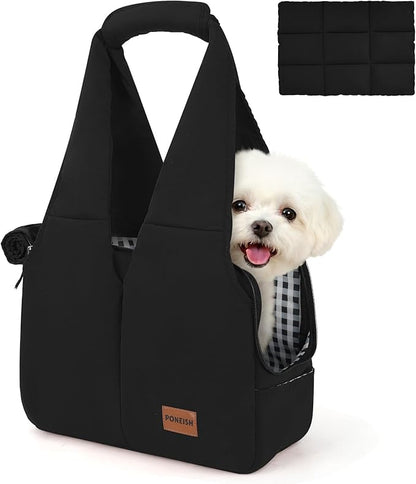 Dog Purse Carrier for Small Dogs and Cats, Soft-Sided Pet Tote Bag with 6 Large Pockets, Collapsible Travel Puppy Carrier with Small Cushion, Fits Pets up to 6 lbs (Black, 13.6" L x 6.6" W x 10" H)