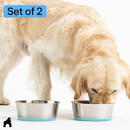GORILLA GRIP Dog Bowls, Food Grade 304 Stainless Steel Holds 2 Cups Each (16 fl oz) Food and Water Bowl for Feeding Dogs and Cats Dishwasher Safe Rust Resistant BPA Free Rubber Base Set of 2 Turquoise
