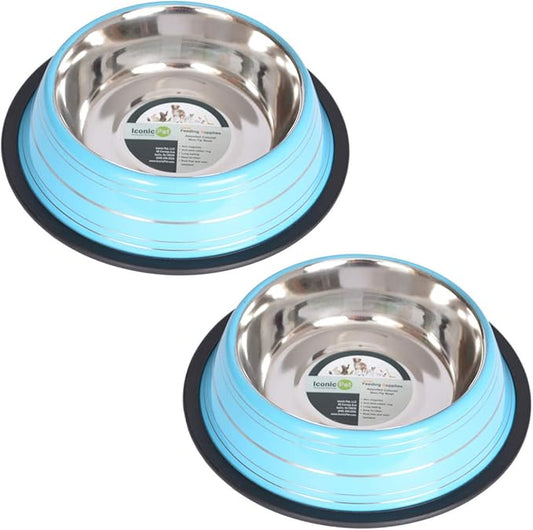 Iconic Pet 4 Cup/32 Oz Elegant Stainless Steel Color Splash Food/Water Bowl with Non Skid, Noise Free, Removable Rubber Ring - Dog/ Cat Feeding Bowl In color shade, Dishwasher Safe - Blue, 2 Bowls