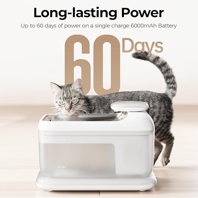Cordless Pet Water Fountain, Automatic Cat Water Founatin Battery Operated, 4.5L with Stainless Steel Tray for Cats Dogs Multiple Pets Indoor, Wirelss Water Pump and Ultra-Quiet S7 Air White