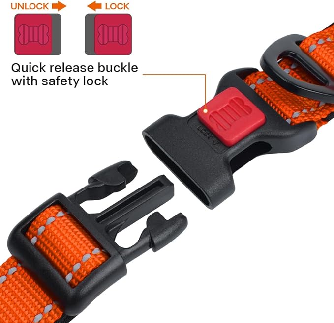 Taglory Reflective Dog Collar with Safety Locking Buckle, Soft Neoprene Padded Dog Collar for Extra Large Dogs, Metal D-Ring, Adjustable Nylon Neck Strap for Walking, Training & Running, Orange, XL