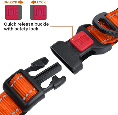 Taglory Reflective Dog Collar with Safety Locking Buckle, Soft Neoprene Padded Dog Collar for Extra Large Dogs, Metal D-Ring, Adjustable Nylon Neck Strap for Walking, Training & Running, Orange, XL