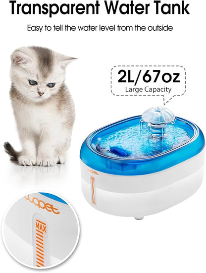 WOPET Cat Water Fountain, 67oz/2L Automatic Pet Water Dispenser for Cats & Small Dogs, Ultra Quiet Sleep-Friendly Pump, BPA-Free, 2 Flow Modes, Visible Water Level, 3-Stage Filtration