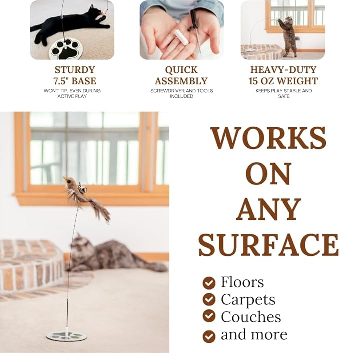 Interactive Cat Toys for Bored Indoor Adult Felines - Any Surface Base Teaser Wand - Feather Stimulation Activity - Bird Simulation Self Play Kitten Enrichment Solo Exercise - Juguetes para Gatos