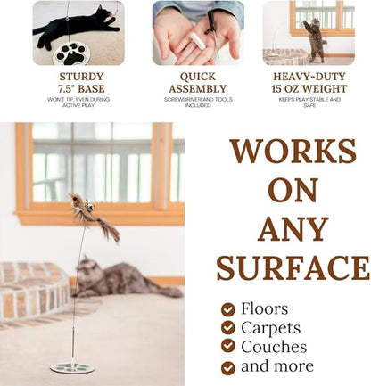 Interactive Cat Toys for Bored Indoor Adult Felines - Any Surface Base Teaser Wand - Feather Stimulation Activity - Bird Simulation Self Play Kitten Enrichment Solo Exercise - Juguetes para Gatos
