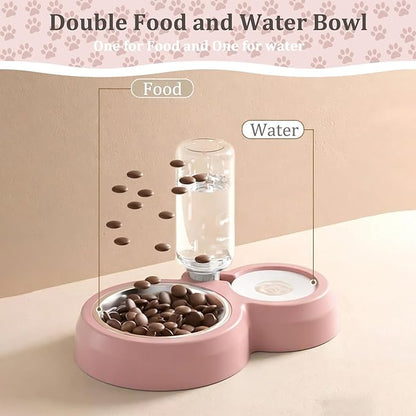 Double Dog Cat Bowls, Pets Food and Water Bowl Set with Automatic Water Dispenser and Stainless Steel Bowl Silicone Dog Bowl Mat, Gravity Feeder for Cats and Small Dogs Puppies (Pink)