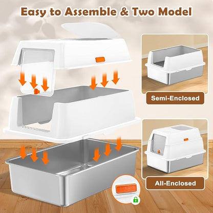 Vivifying Stainless Steel Litter Box with Lid, XL Front Entry Enclosed Extra Large Litter Box for Big Cats & Kitty, Top Exit Metal Cat Pan with Scoop, Mat, Footboard, Charcoal Filter (White)