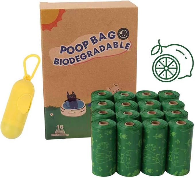 Dog Poop Bags Rolls, Lemon Scent Biodegradable Dark Green, Large 9x13 Inch With Dispenser, Leakproof & Easy Tear 240 Count (16 Rolls) for Outdoor Dog Walking